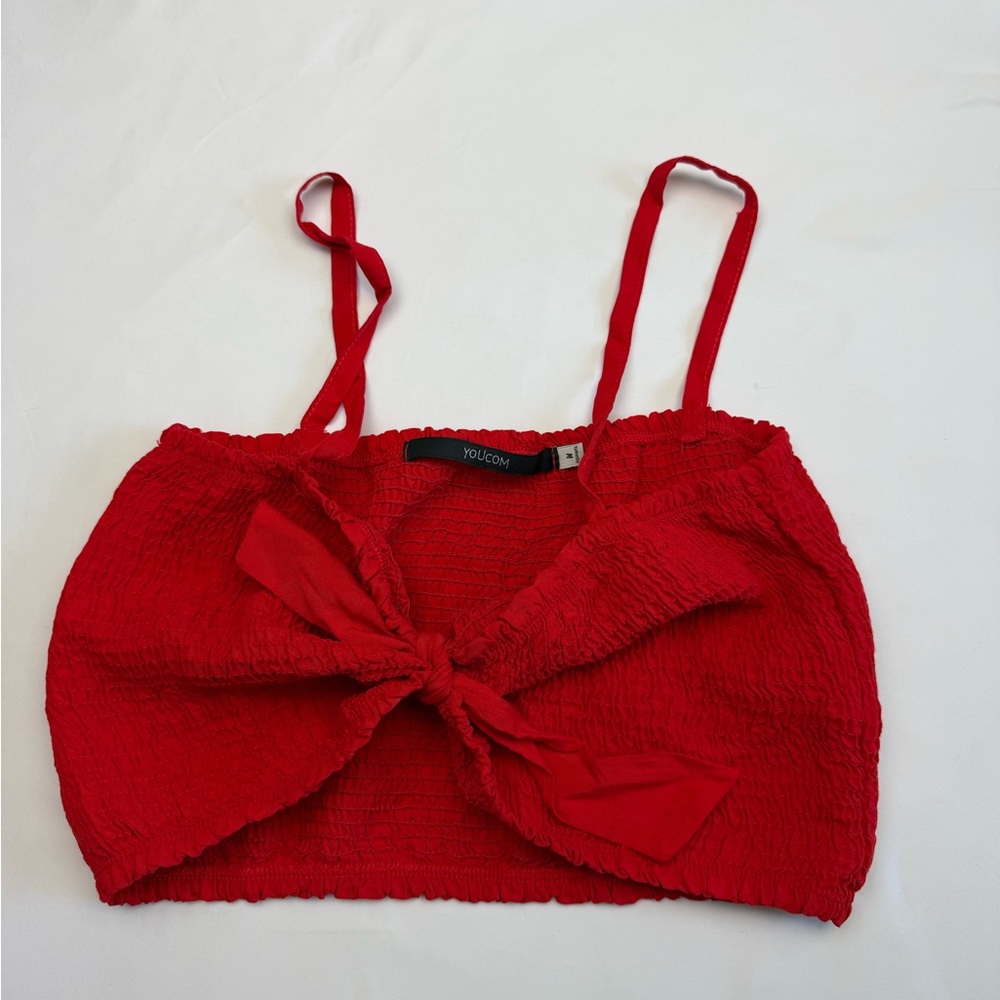 Youcom Red Smocked Tie Front Crop Top Spaghetti Strap Size Medium